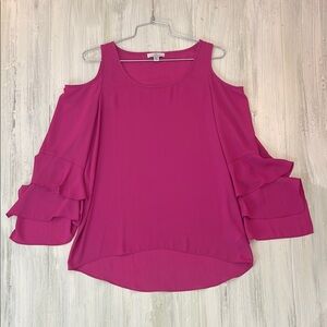 💚5/$25💚 H by Halston Magenta Pink Cold-Shoulder Ruffled-Sleeve Top Sz XS